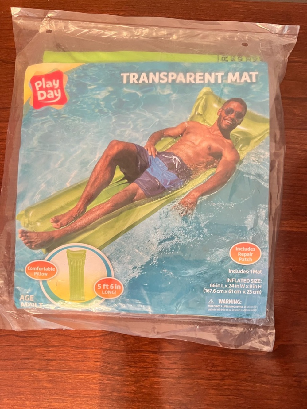 Play Day Inflatable Float Transparent Mat Lounger  5’6” Adult Green